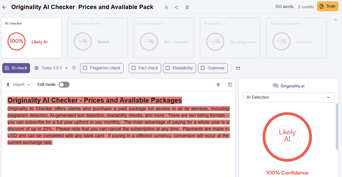 Results of checking the original text in Originality AI Checker
