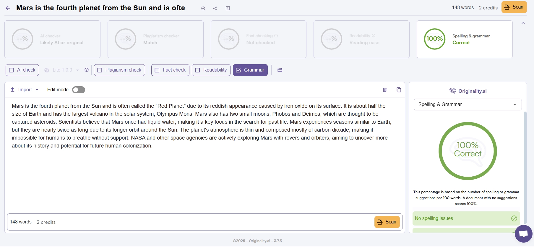 Spell check, grammar, and punctuation check in Originality AI Checker