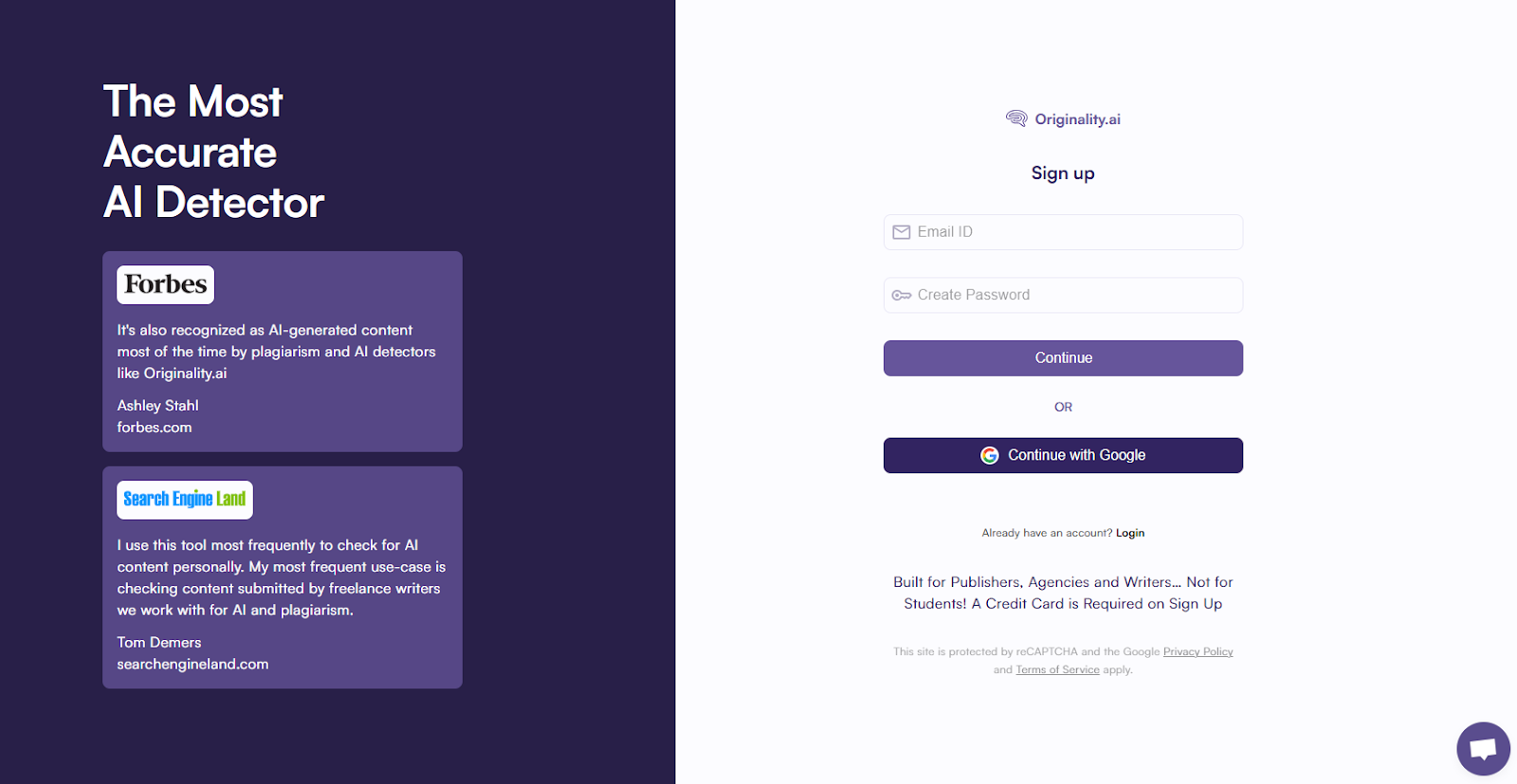 Originality AI Checker – creating a new account