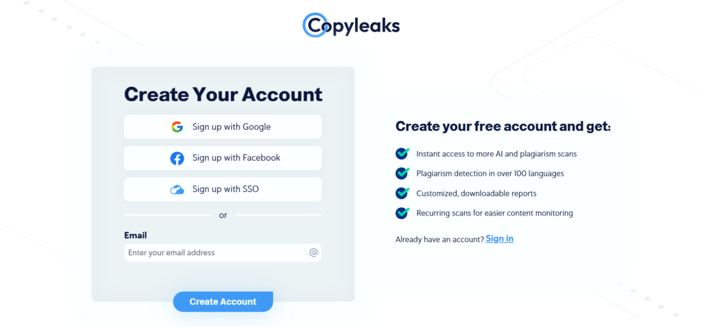 Window with a form for creating an account in Copyleaks
