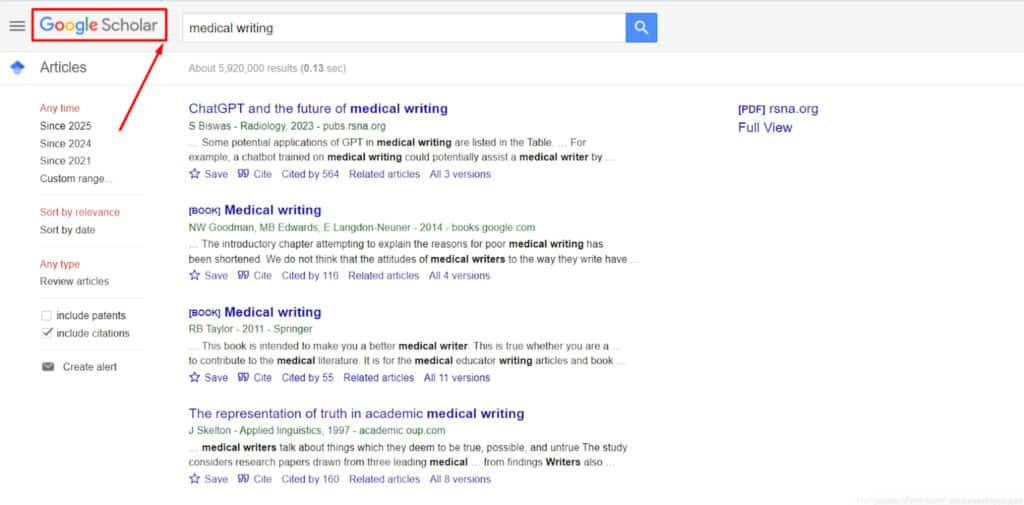 Google Scholar is a great tool for finding medical writing data