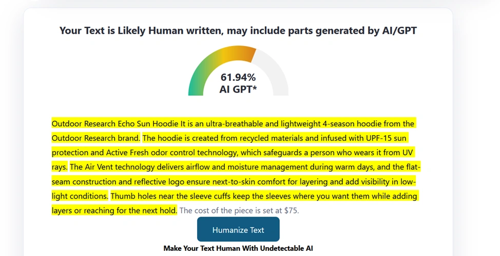 AI-generated text in ZeroGPT