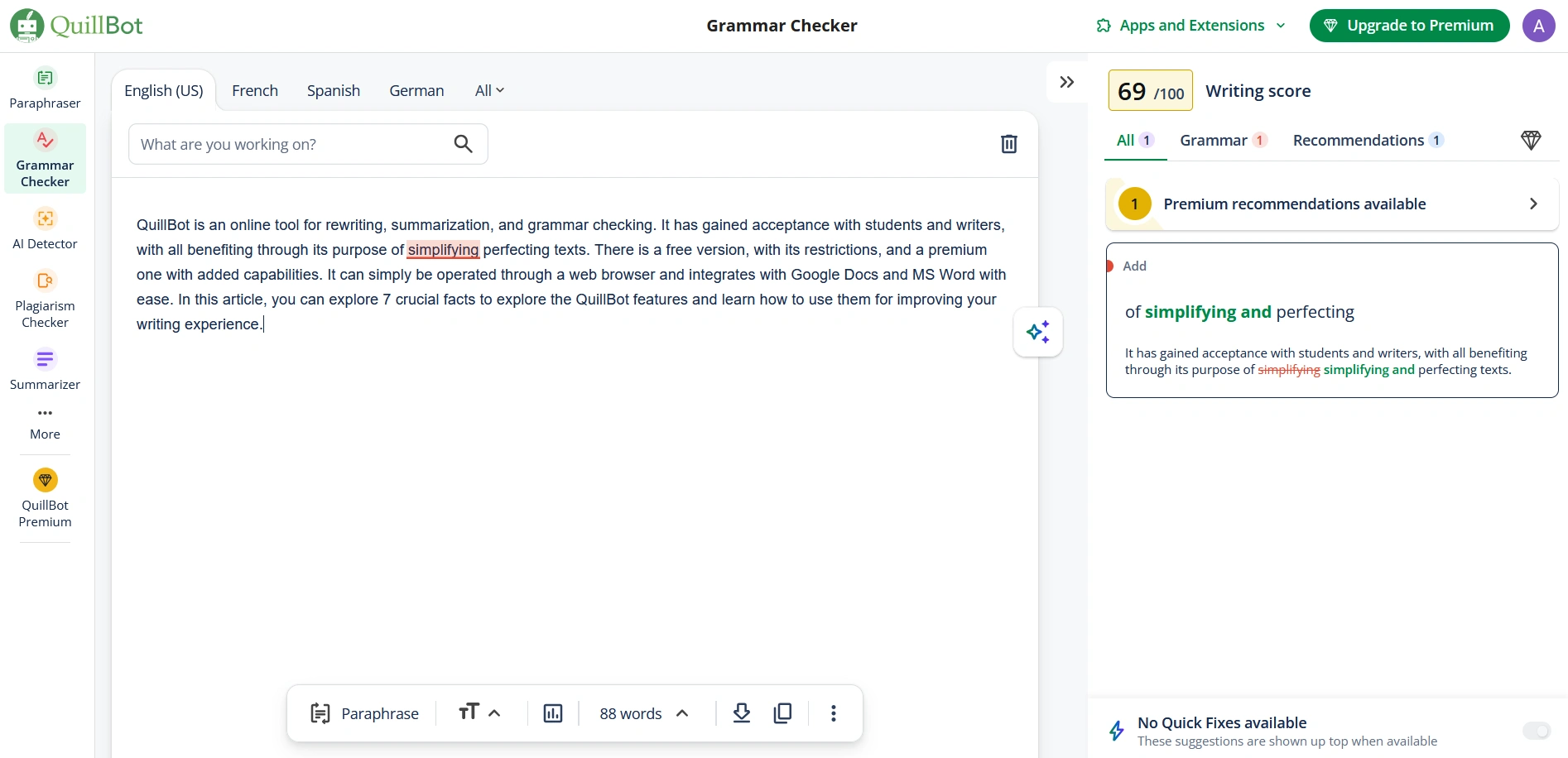 QuillBot Grammar Checker - a tool for correcting grammar errors