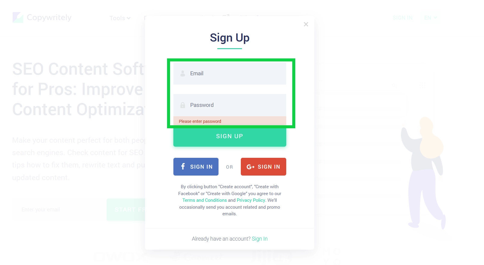 Registration form in Copywritely