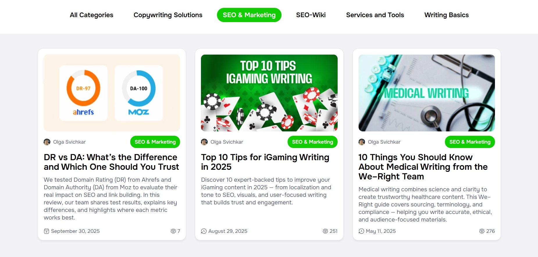 Example of Content Pillars for a Website with Copywriting Services
