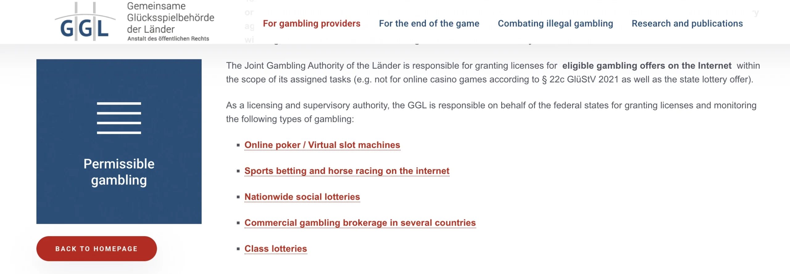 Permissible online gambling activities licensed by the GGL under the Glücksspielstaatsvertrag 2021