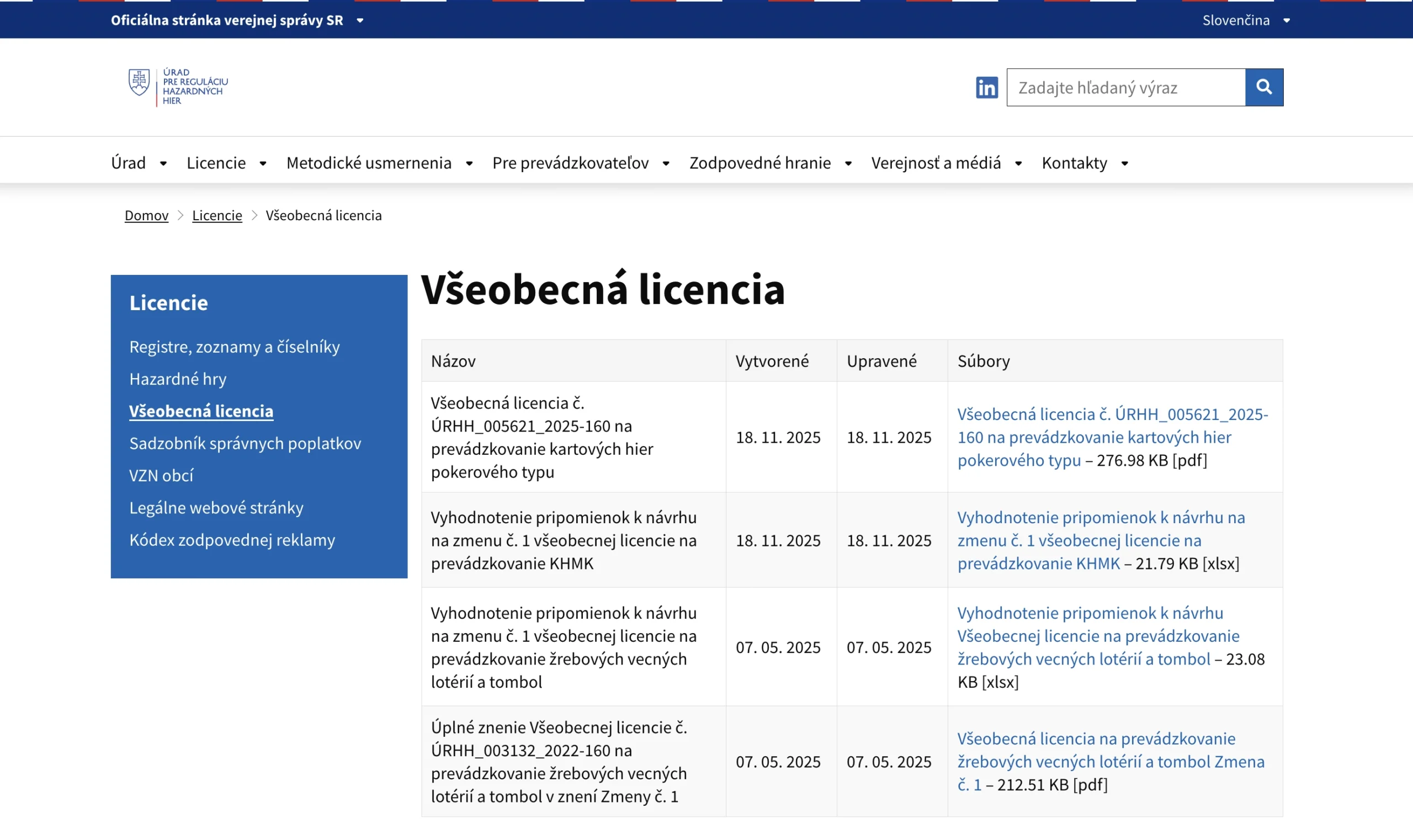 Licensing section of the Gambling Regulatory Authority of Slovakia website