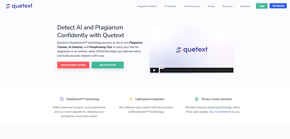 The homepage of the Quetext service