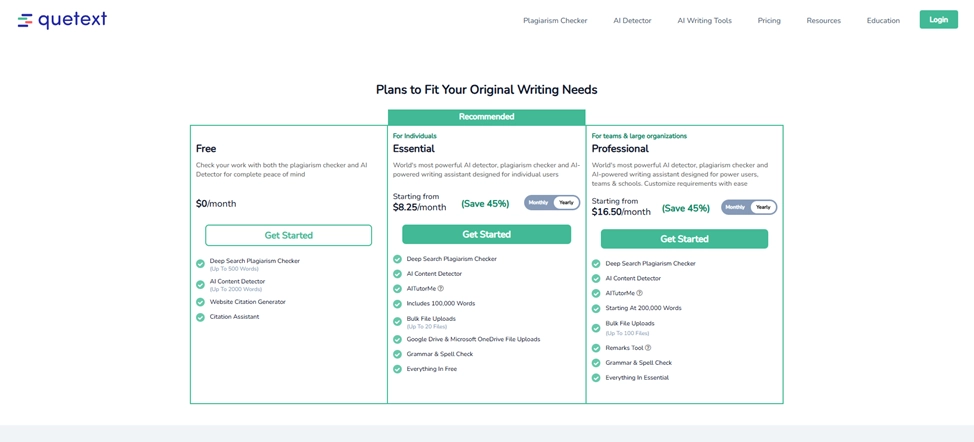 Free, Essential, and Professional Subscription Levels in Quetext
