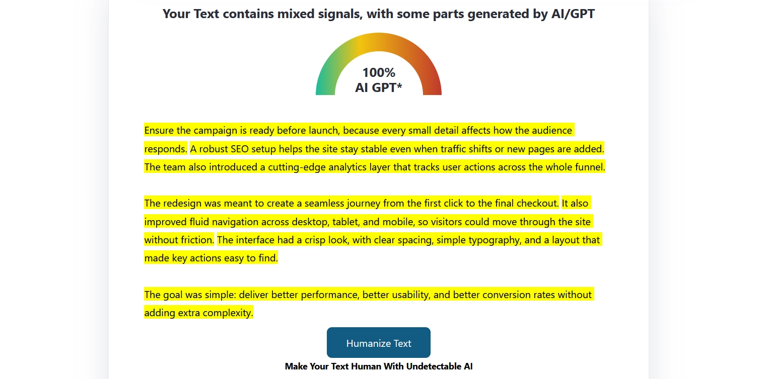 Checking the generated text using the service ZeroGPT