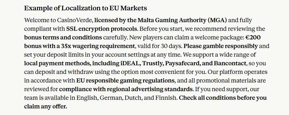 Localization of casino content for EU markets