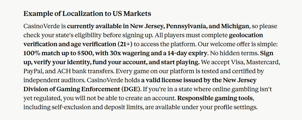 Localization of casino content for US markets