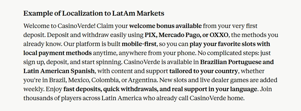 Localization of casino content for LatAm markets
