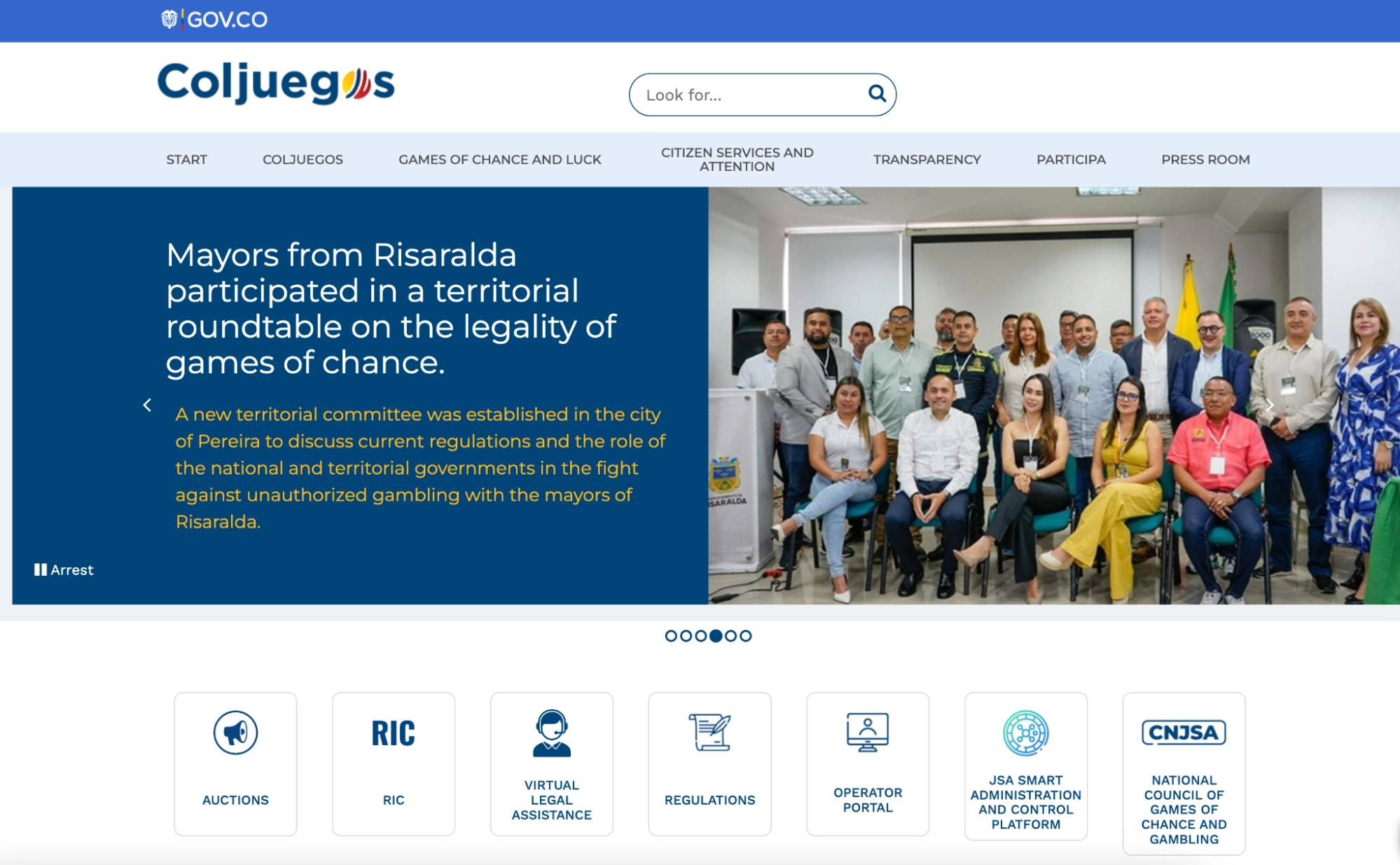 Coljuegos official website interface showing Colombia gambling regulation authority
