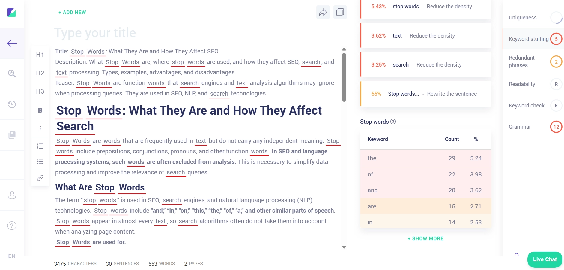 You can analyze stop words using SEO and NLP text analysis tools